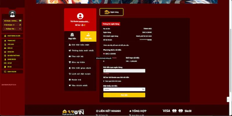 Điền thông tin rút tiền 33WIN chính xác để tạo lệnh thành công Điền thông tin rút tiền 33WIN chính xác để tạo lệnh thành công